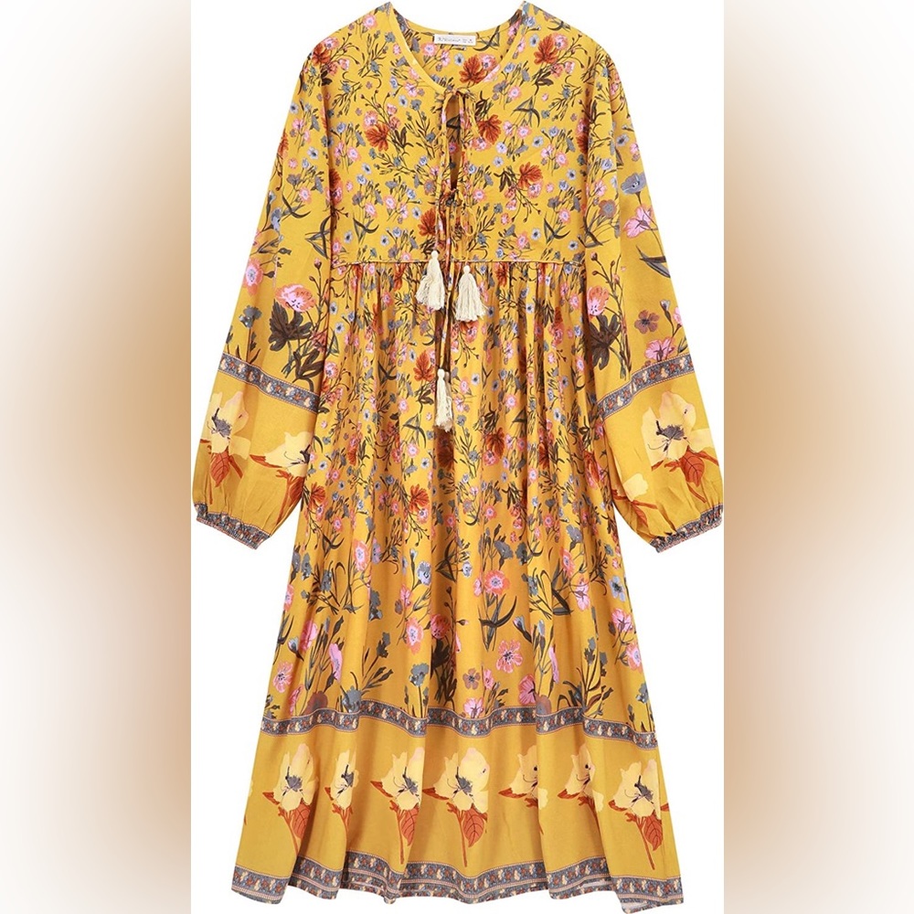 R.Vivimos long sleeve floral print retro v-neck tassel bohemian midi dress.